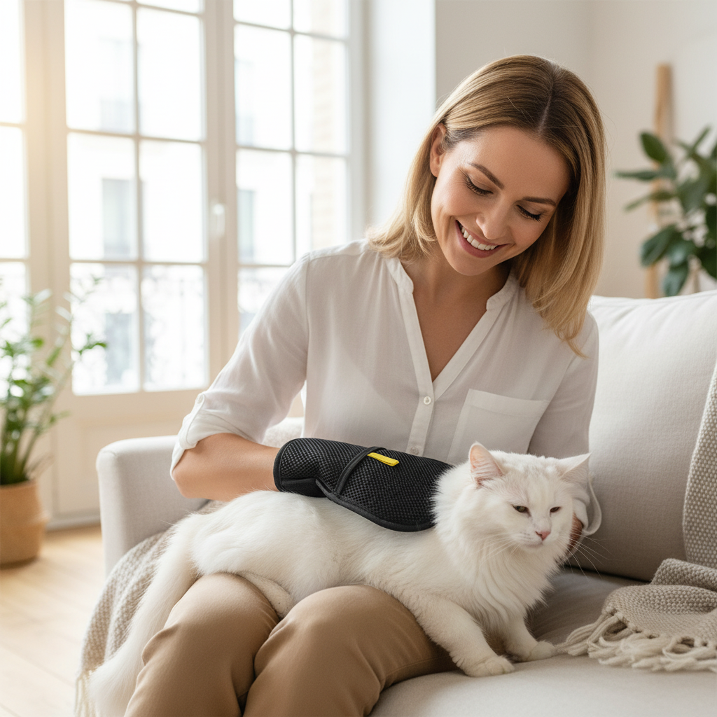 Femme utilisant le gant sur un chat