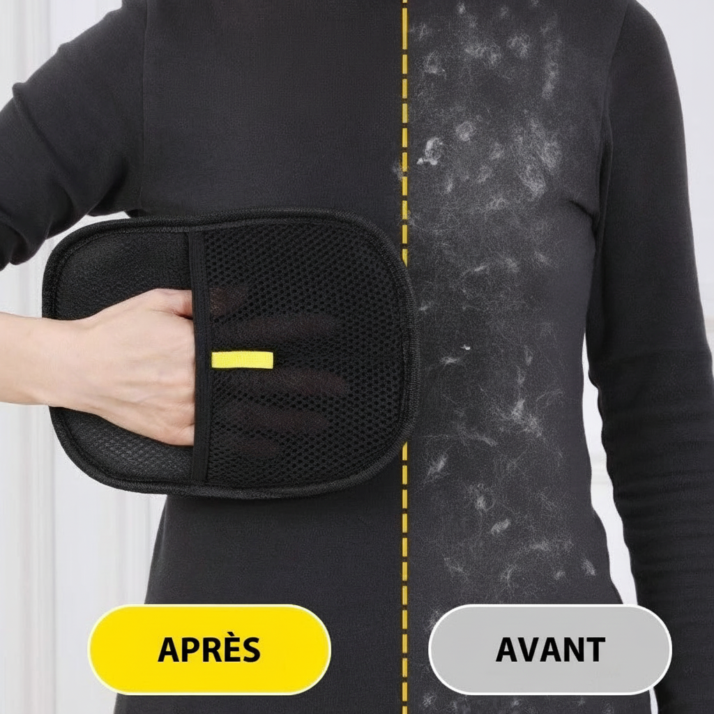 Avant et après : le gant retire les poils d'un pull noir